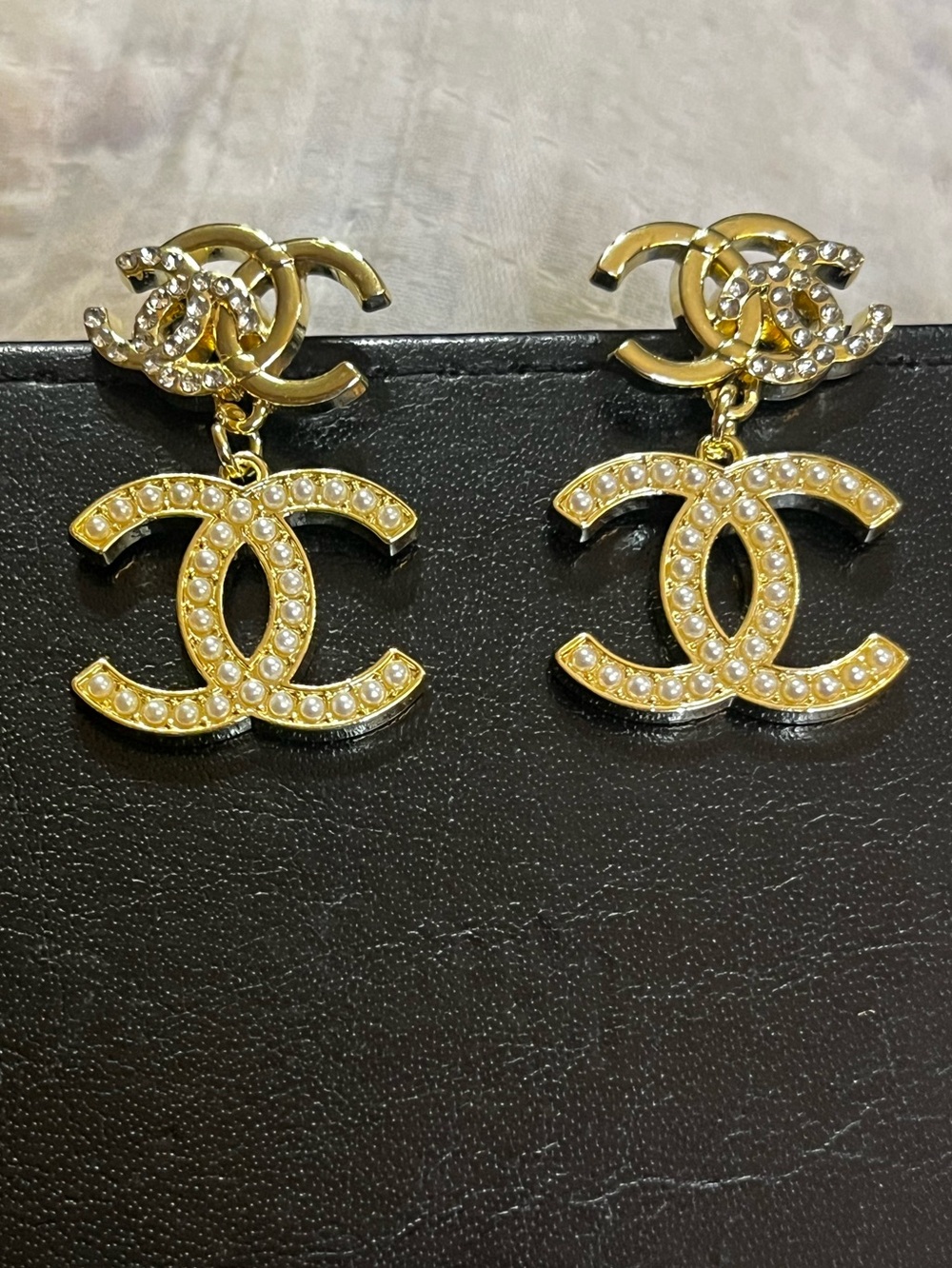 Double C Designer Triple C Dangle Gold Tone Earrings